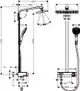 Hansgrohe Duschsystem mit Regenbrause und Handbrause. Abbildung zeigt Maße und Details des Produkts in Schwarz-Weiß-Darstellung.